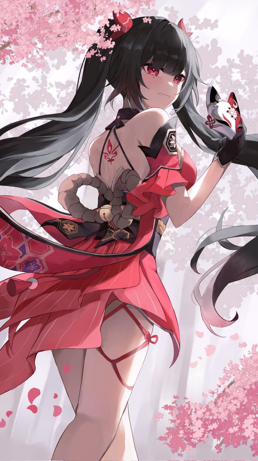 1girl black_choker black_gloves black_hair black_sash butterfly-shaped_pupils cherry_blossoms choker cowboy_shot criss-cross_halter dress flower_tattoo fox_mask gloves halterneck highres holding holding_mask honkai:_star_rail honkai_(series) japanese_clothes long_hair mark_under_both_eyes mask nagalis red_dress red_eyes red_sleeves sash single_glove smile sparkle_(honkai:_star_rail) symbol-shaped_pupils tattoo twintails