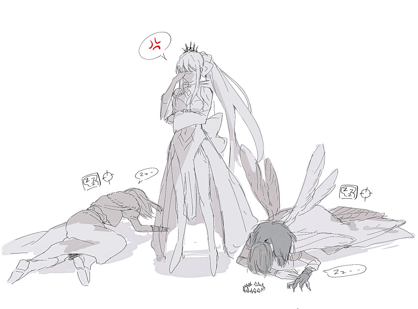 1girl 2boys bow fate/grand_order fate_(series) hair_bow highres insect_wings morgan_le_fay_(fate) morgan_le_fay_(third_ascension)_(fate) multiple_boys oberon_(fate) oberon_(second_ascension)_(fate) oberon_(third_ascension)_(fate) ponytail sketch ss_un17 standing tiara wings