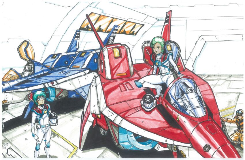 1980s_(style) 1girl 2015 absurdres canopy_(aircraft) choujikuu_yousai_macross couple crossover dated folded glasses greg_lane hangar helmet highres ink_(medium) jolly_roger kikou_souseiki_mospeada legioss macross marker_(medium) maximilian_jenius mecha millia_jenius mospeada multiple_boys oldschool pilot_suit retro_artstyle robot robotech robotech_ii:_the_sentinels scan short_hair signature sketch spacesuit traditional_media unworn_headwear unworn_helmet window