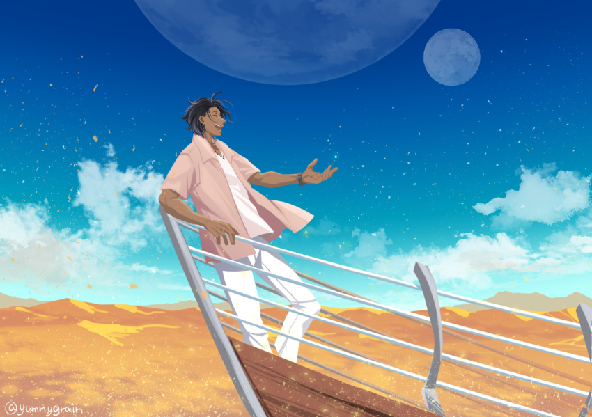1boy against_railing bartholomew_roberts_(fate) bartholomew_roberts_(smiley_summer_wear)_(fate) black_hair dark-skinned_male dark_skin desert fate/grand_order fate_(series) jacket landship male_focus misuke_(gyouran) pants railing sand twitter_username watch white_pants wristwatch