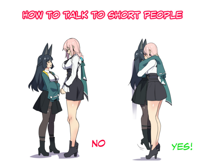 2girls ^_^ absurdres animal_ears aqua_jacket bare_legs black_footwear black_hair black_pantyhose black_skirt boots breasts closed_eyes commentary fox_ears height_difference high_heel_boots high_heels highres hinghoi hoshimi_miyabi how_to_talk_to_short_people_(meme) hug jacket large_breasts long_hair long_sleeves meme miniskirt multiple_girls multiple_views no open_clothes open_jacket open_mouth pantyhose pink_hair shirt simple_background skirt tsukishiro_yanagi very_long_hair white_background white_shirt yes yuri zenless_zone_zero