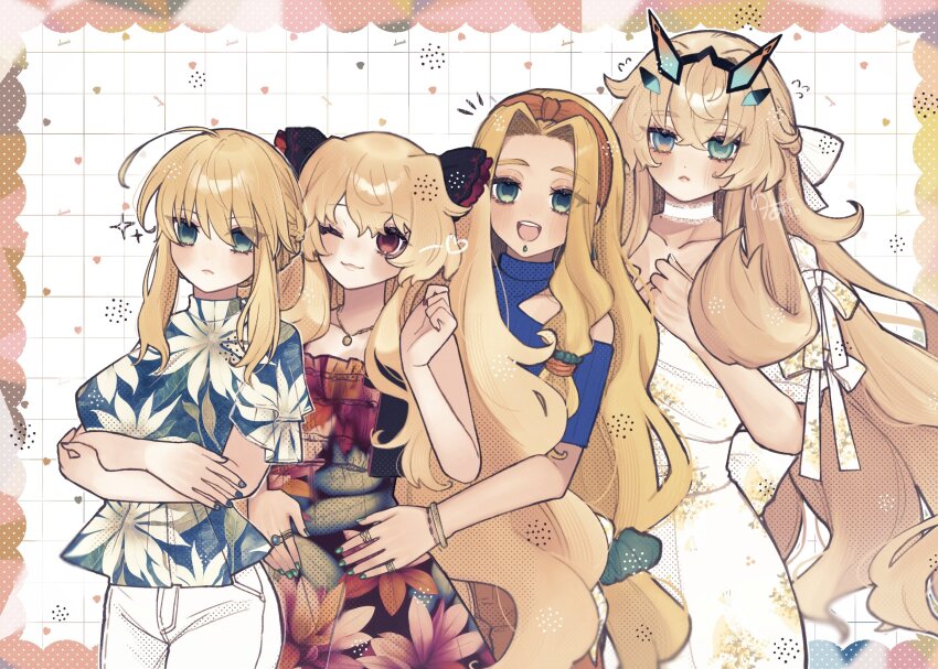 4girls ahoge anne_bonny_(fate) artoria_pendragon_(fate) artoria_pendragon_(lancer)_(fate) barghest_(fate) blonde_hair breasts chin_piercing dress face_piercing fate/grand_order fate_(series) floral_print green_eyes highres labret_piercing large_breasts long_hair looking_at_viewer mouth_piercing multicolored_eyes multiple_girls noa_pisces piercing quetzalcoatl_(fate) red_eyes smile white_background white_dress