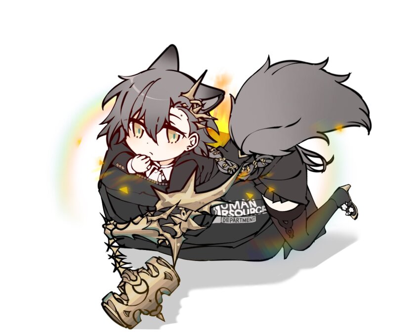 1girl :/ animal_ears arknights bag black_bag black_dress brown_hair commentary deformed dot_nose dress duffel_bag english_text extra_ears full_body gacha_(game_mechanic) gauntlets hair_between_eyes hammer high_heels highres long_sleeves looking_at_viewer lying mole mole_above_eye mole_on_forehead on_stomach parted_bangs partially_unzipped penance_(arknights) short_hair simple_background single_gauntlet solo symbol-only_commentary tail white_background wolf_ears wolf_girl wolf_tail wqn0930