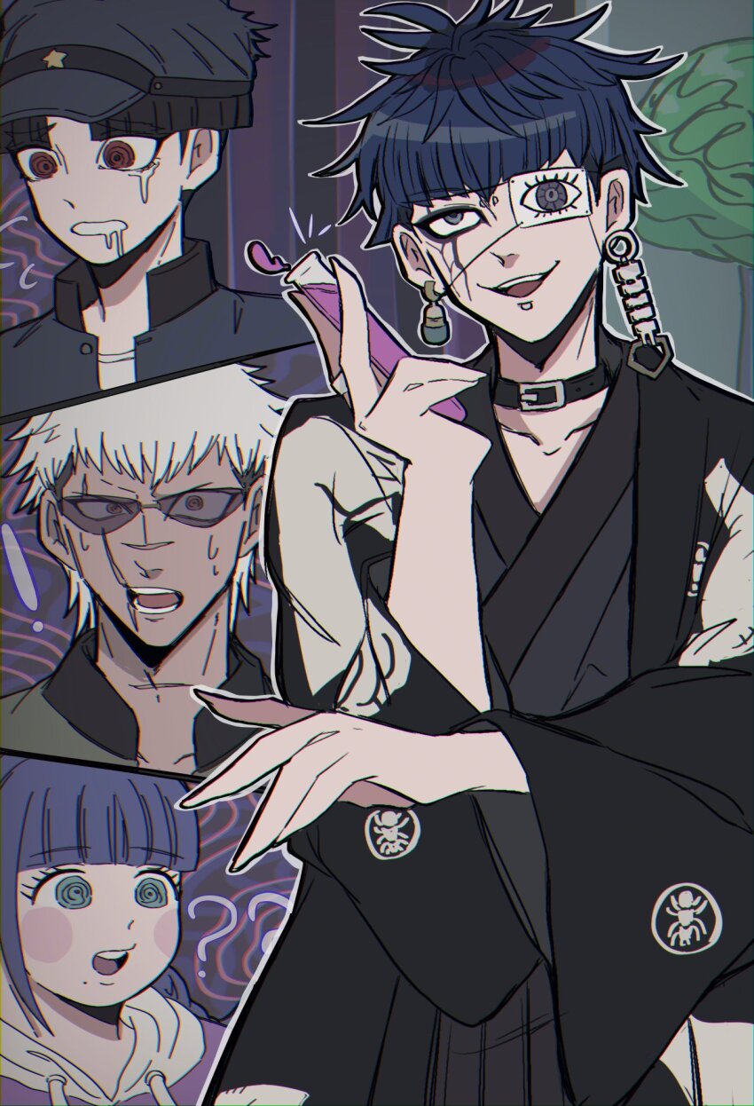 ! 1girl 3boys ? ?? animal_print black_collar black_hair black_haori blue_eyes blue_hair blue_hat blue_jacket collar commentary crying crying_with_eyes_open earrings eye_print eyepatch face_piercing fingernails getsumen_(pst_moon) grey_eyes grey_kimono haori hat highres holding holding_vial jacket japanese_clothes jewelry kimono labret_piercing looking_up male_focus maruko_gaku mojiro_moko multicolored_hair multiple_boys omokage_yugamu piercing print_eyepatch purple_hair red_eyes saliva scar scar_on_face sharp_fingernails shirt short_hair smile spider_print sunglasses sweat symbol-only_commentary tears the_hundred_line_-last_defense_academy- tinted_eyewear vial white_hair white_shirt yakushiji_takemaru yellow_eyes
