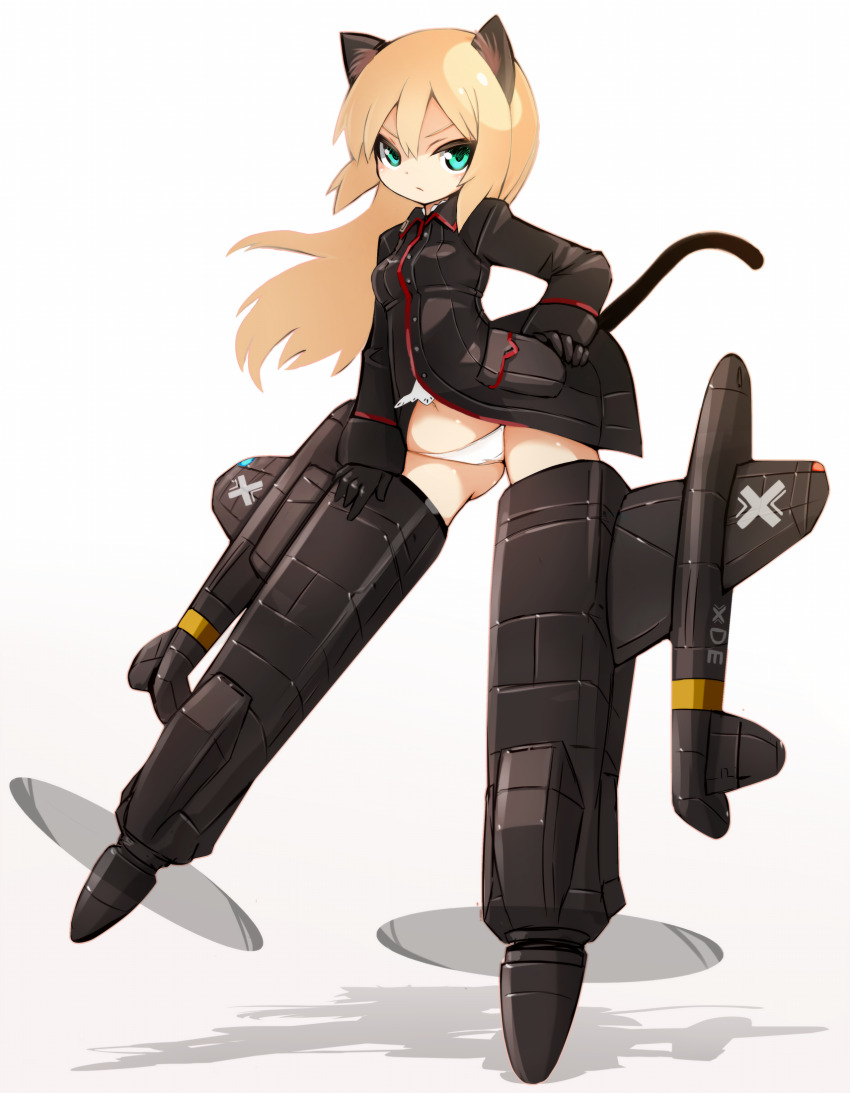 1girl animal_ears aqua_eyes black_gloves black_jacket black_tail cat_ears cat_tail gloves hand_on_own_hip heinrike_prinzessin_zu_sayn-wittgenstein highres jacket karukan_(monjya) long_hair military_uniform noble_witches panties propeller simple_background solo striker_unit tail underwear white_background white_panties world_witches_series