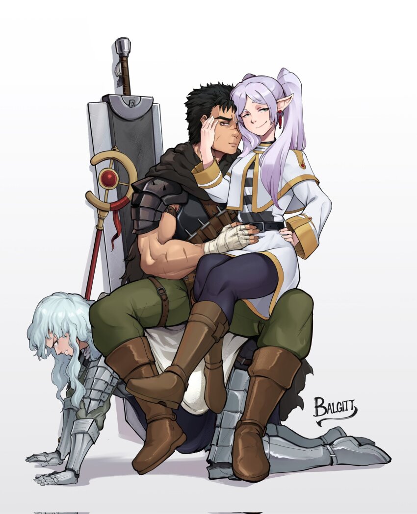 1girl 2boys all_fours angry berserk black_hair broadsword couple crossover dragonslayer_(sword) elf frieren full_body green_eyes griffith_(berserk) guts_(berserk) highres human_chair human_furniture looking_at_viewer multiple_boys pointy_ears red_eyes scar signature sitting sitting_on_another&#039;s_lap sitting_on_person smug sousou_no_frieren staff sword twintails victorbalgitt wavy_hair weapon white_hair