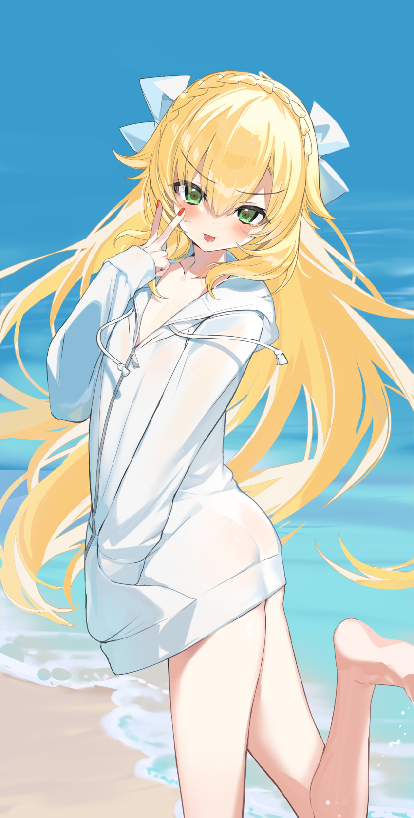 1boy absurdres ass barefoot beach blonde_hair blush bow braid closed_mouth crown_braid floating_hair fuubuu green_eyes hair_between_eyes hair_bow hand_in_pocket highres hood hood_down hoodie long_hair looking_at_viewer male_focus nail_polish nijisanji ocean outdoors red_nails sand see-through_clothes sleeves_past_wrists solo standing standing_on_one_leg tongue tongue_out trap uzuki_kou v v-shaped_eyebrows virtual_youtuber water white_bow white_hoodie