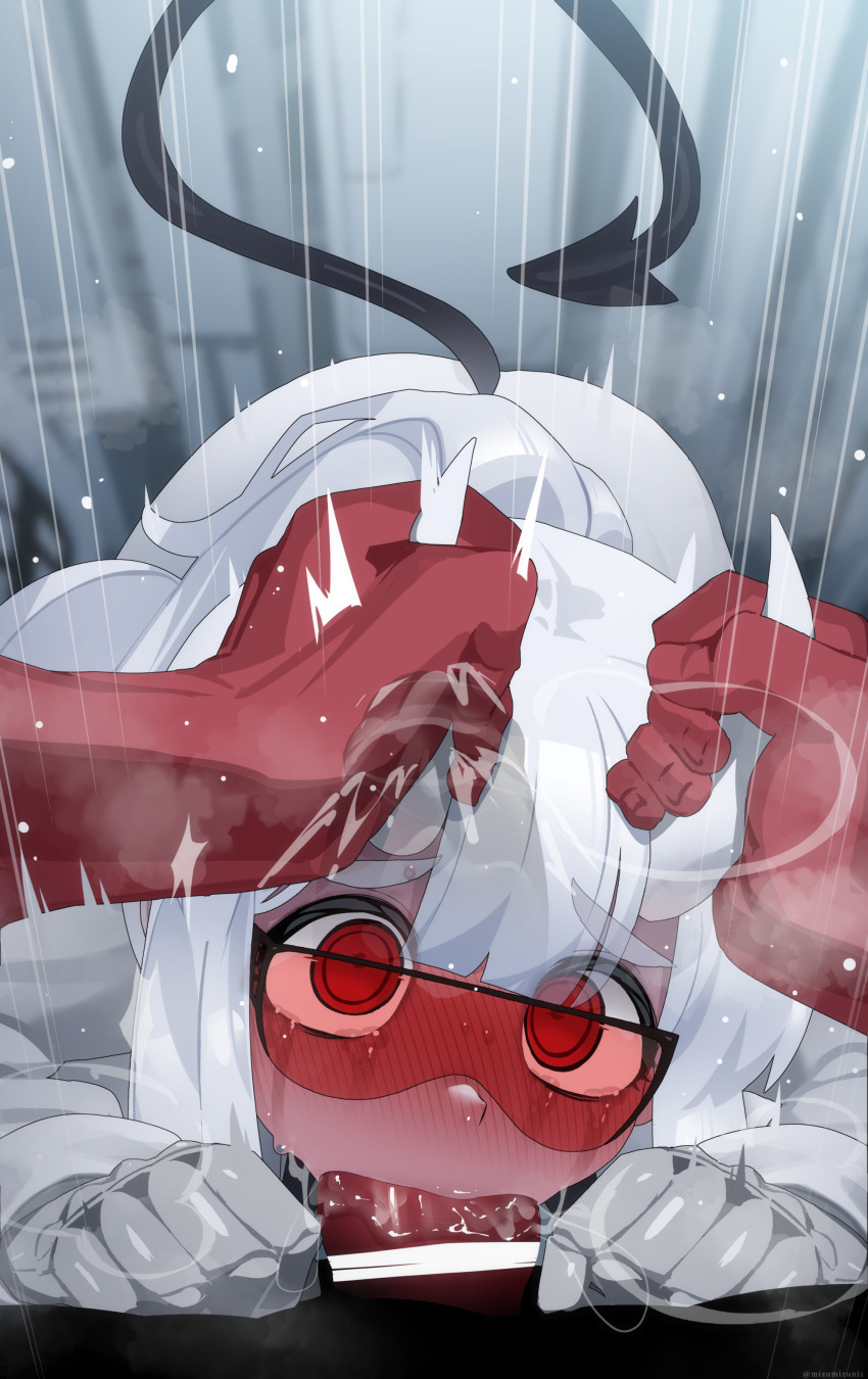 1boy 1girl absurdres bar_censor blush censored deepthroat demon_girl demon_horns demon_tail ear_blush erection fellatio goggles helltaker hetero highres horn_grab horns irrumatio lab_coat large_penis large_variant_set long_hair long_sleeves looking_at_viewer loremaster_(helltaker) mizumizuni motion_lines nose_blush oral penis pov red-tinted_eyewear red_eyes saliva saliva_trail solo_focus sweat tail tinted_eyewear variant_set white_hair white_horns x-ray