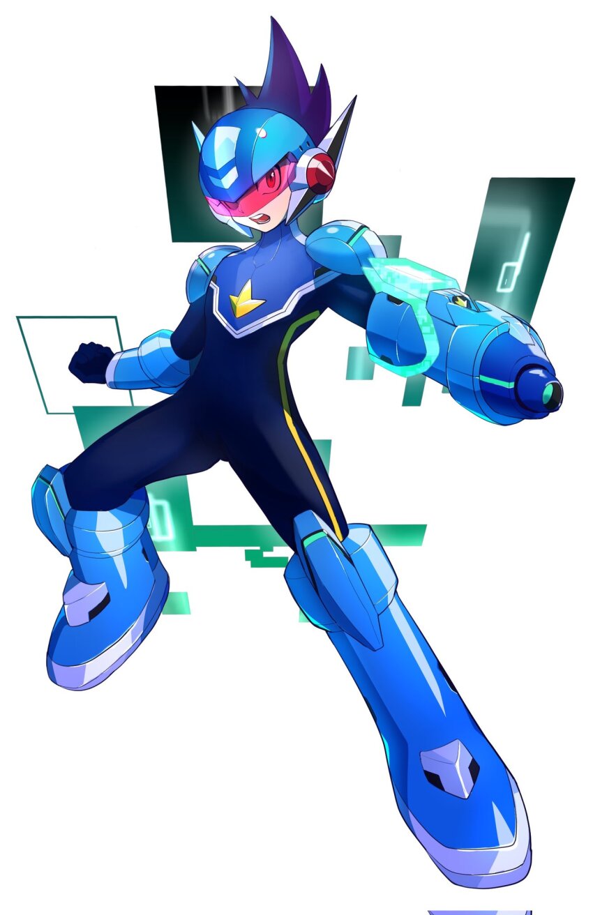 1boy arm_cannon assault_visor blue_bodysuit blue_helmet bodysuit brown_hair full_body geo_stelar_(mega_man) helmet highres lemon_inu male_focus mega_man_(series) mega_man_star_force_(series) red-tinted_eyewear simple_background solo star_force_mega_man tinted_eyewear weapon white_background