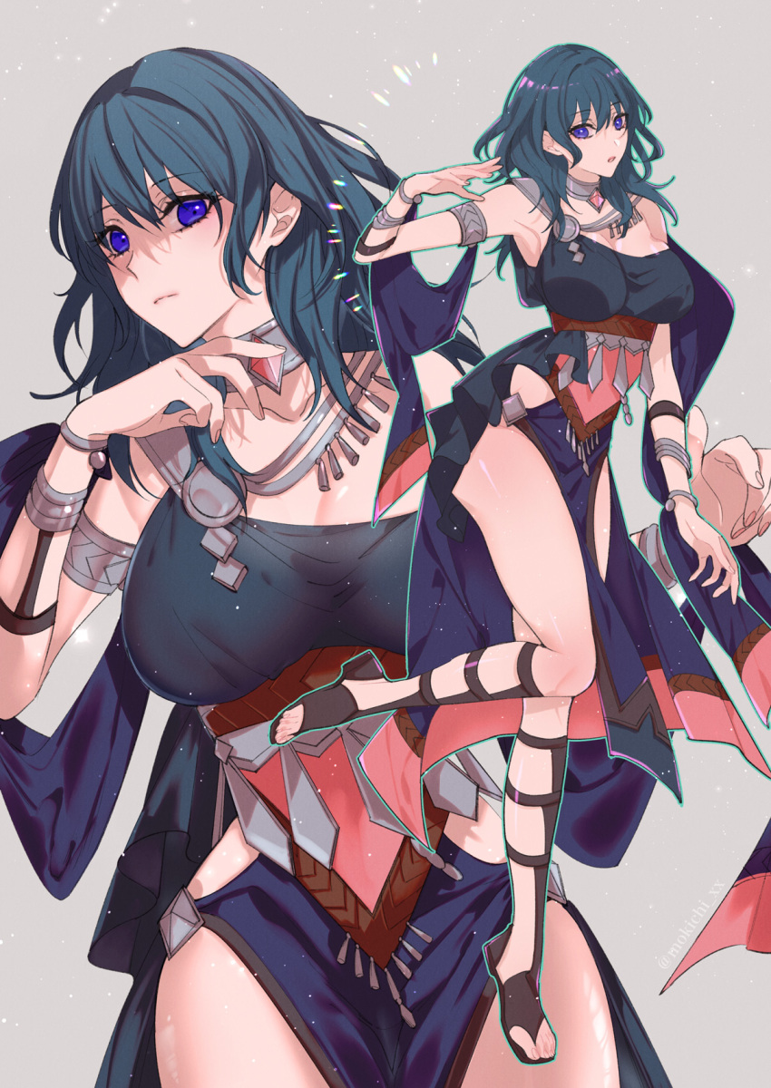 1girl alternate_costume ancient_greek_clothes armlet black_dress blue_eyes blue_hair breasts choker_jewel cleavage closed_mouth dancer dancer_(fire_emblem:_three_houses) dress female_byleth_(fire_emblem) fire_emblem fire_emblem:_three_houses gem greco-roman_clothes hair_between_eyes highres jewelry large_breasts long_hair mokichi_xx nintendo open_mouth pelvic_curtain red_gemstone simple_background single-shoulder_dress thighs