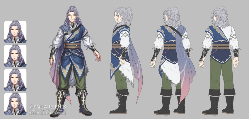 1boy anbe_yoshirou artist_name black_boots blue_cape boots cape character_request closed_mouth commentary_request copyright_notice frown full_body green_eyes green_pants grey_background grey_hair highres light_smile long_sleeves male_focus medium_hair obi obijime official_art open_mouth pants ponytail romancing_saga_2 saga sash shirt standing surprised white_shirt