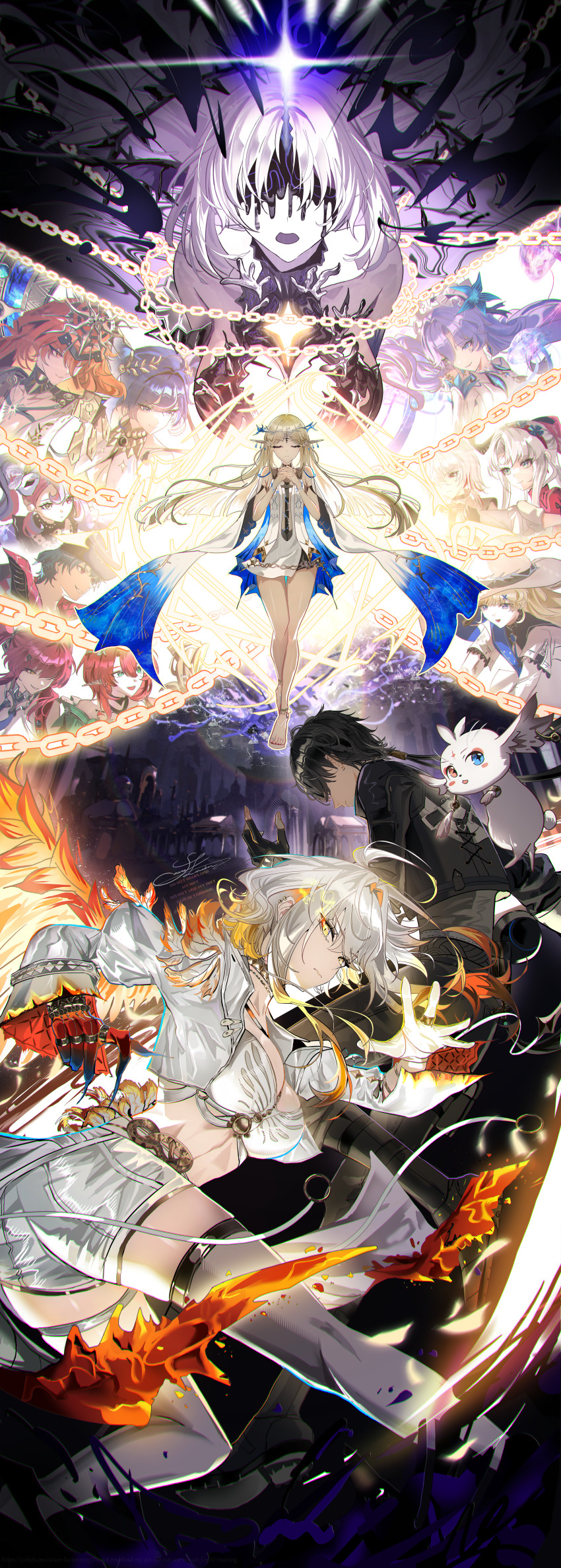 2boys 6+girls abby_(wuthering_waves) absurdres augusta_(wuthering_waves) bare_shoulders black_hair black_jacket black_pants blonde_hair bra brant_(wuthering_waves) breasts cantarella_(wuthering_waves) carlotta_(wuthering_waves) cartethyia_(wuthering_waves) chain ciaccona_(wuthering_waves) cleavage closed_eyes closed_mouth commentary commentary_request covered_eyes cropped_jacket crown_of_thorns earrings english_commentary everyone facing_viewer fins floating_earrings galbrena_(wuthering_waves) head_fins highres horns huge_breasts iuno_(wuthering_waves) jacket jewelry leviathan_(wuthering_waves) lupa_(wuthering_waves) male_rover_(wuthering_waves) medium_breasts mixed-language_commentary multiple_boys multiple_girls open_mouth own_hands_clasped own_hands_together pangu_terminal_(wuthering_waves) pants phoebe_(wuthering_waves) pointy_ears purple_horns roccia_(wuthering_waves) rover_(wuthering_waves) shorts signature single_horn soare_lucien stomach tabard tacet_mark_(wuthering_waves) thighhighs underwear very_long_fingernails white_bra white_hair white_jacket white_shorts white_tabard white_thighhighs wuthering_waves yellow_eyes zani_(wuthering_waves)