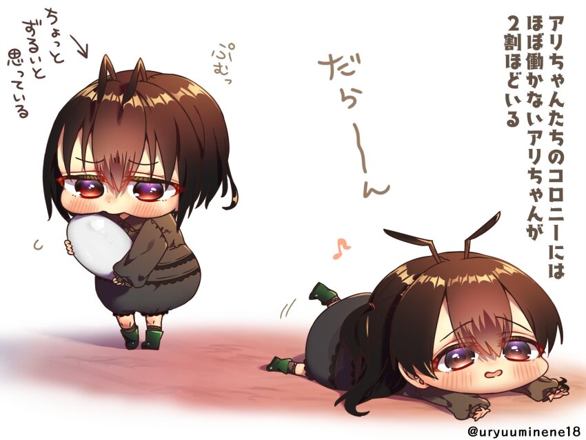 1girl ant antennae artist_name black_sleeves brown_eyes brown_hair bug chibi commentary dot_nose forehead full_body green_footwear hair_between_eyes harumina_mau highres holding insect long_sleeves lying on_stomach open_mouth original outstretched_arms personification pout purple_eyes simple_background solo standing translation_request white_background