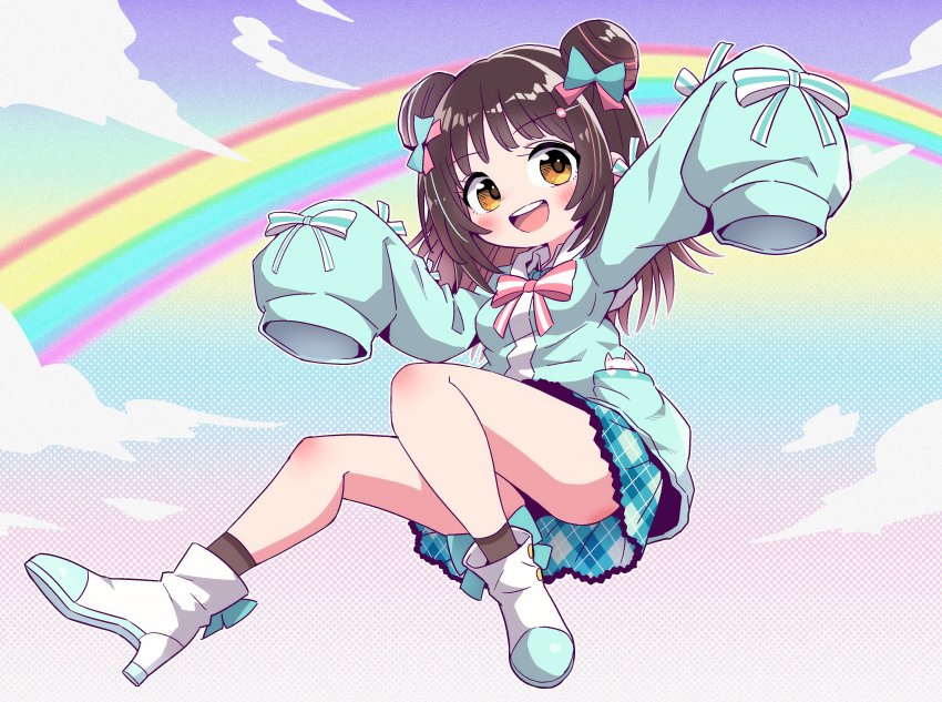 1girl absurdres boots breasts brown_hair commission double_bun full_body fushicho hair_bun halftone halftone_background high_heel_boots high_heels highres indie_virtual_youtuber long_sleeves miniskirt multicolored_hair open_mouth pink_hair plaid_clothes plaid_skirt rainbow skeb_commission skirt sleeves_past_fingers sleeves_past_wrists small_breasts smile solo streaked_hair two-tone_hair virtual_youtuber yumesaki_yun