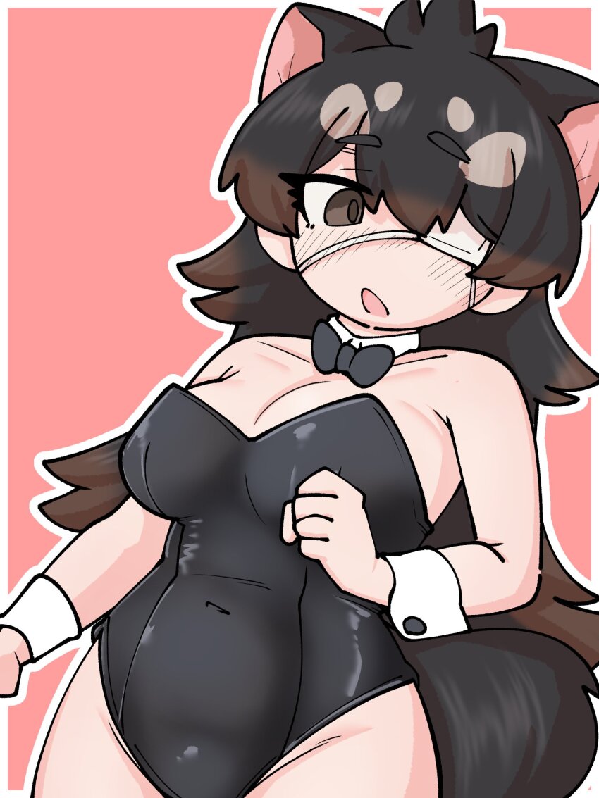 1girl alternate_costume australian_devil_(kemono_friends) bare_shoulders black_bow black_bowtie black_hair black_leotard blush bow bowtie brown_eyes brown_hair cowboy_shot detached_collar extra_ears eyepatch hair_between_eyes highres kemono_friends leotard long_hair medical_eyepatch multicolored_hair navel niboshi_(niboshi_aruku) sidelocks sleeve_cuffs sleeveless solo strapless strapless_leotard tasmanian_devil_ears tasmanian_devil_tail