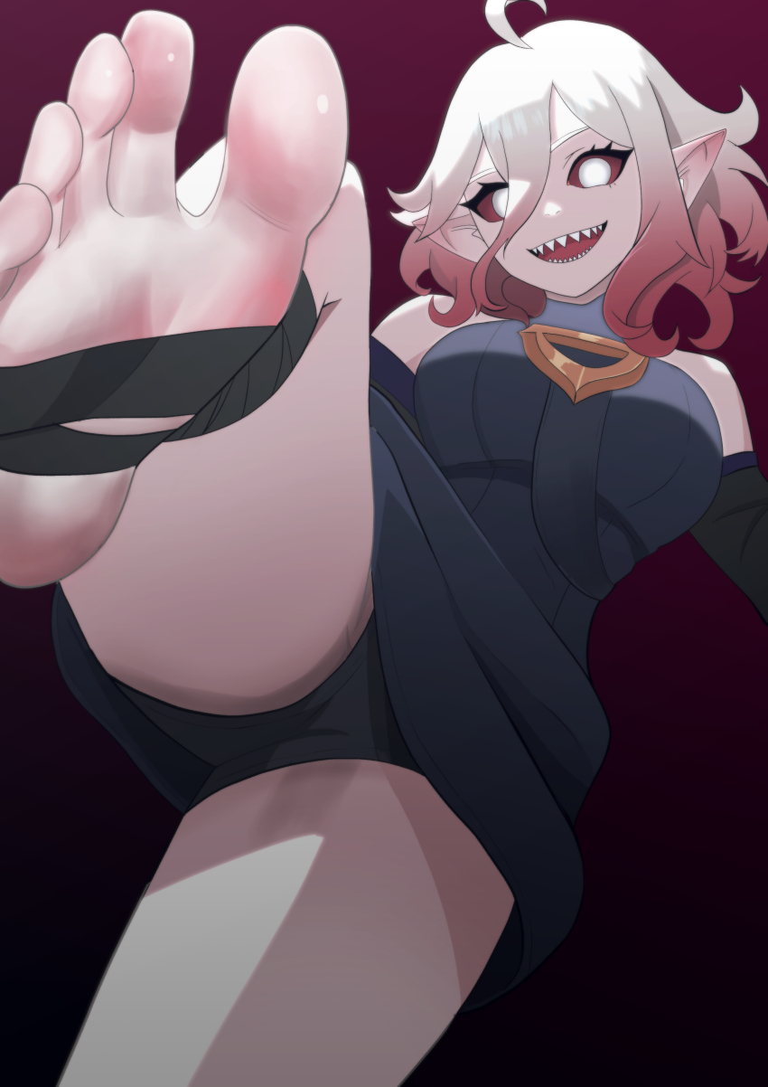 1girl absurdres barefoot briar_(league_of_legends) colored_sclera feet highres league_of_legends looking_at_viewer medium_hair odiseo open_mouth pale_skin pointy_ears red_sclera sharp_teeth soles teeth toes white_eyes white_hair