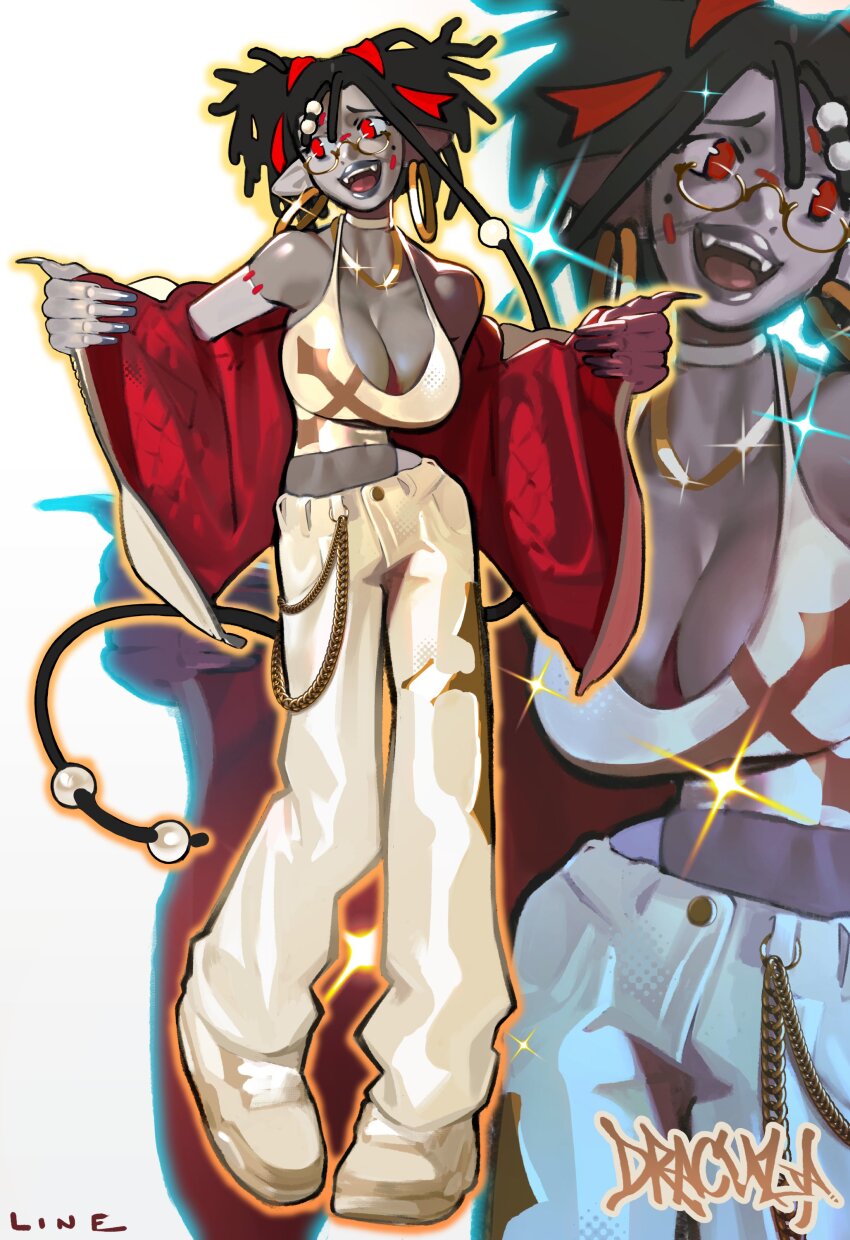1girl absurdres bare_shoulders breasts cleavage copyright_request dracula earrings fingernails glasses highres hoop_earrings jewelry large_breasts linesharkart lipstick long_fingernails looking_to_the_side makeup open_mouth pointy_ears shoes vampire