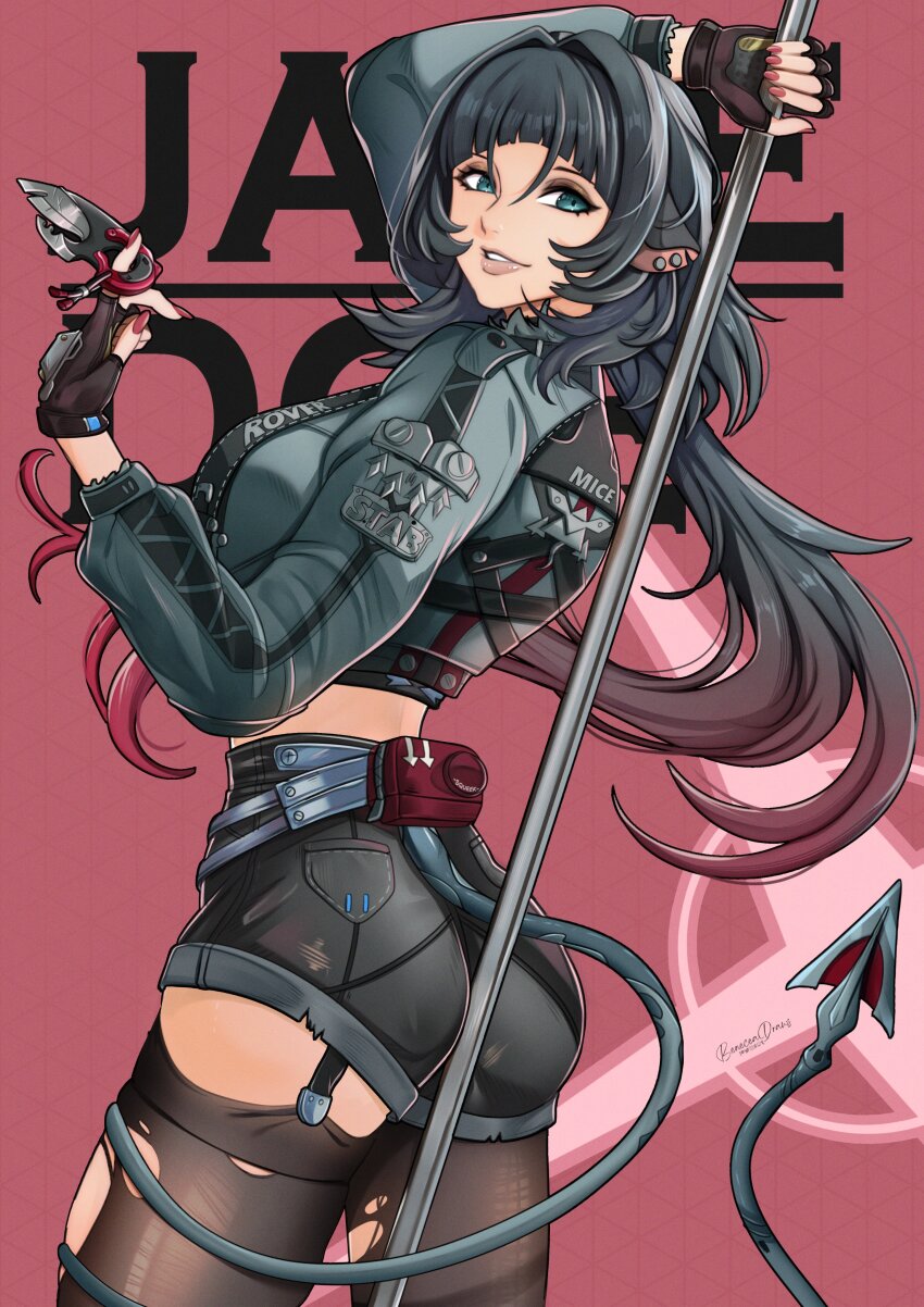 1girl absurdres animal_ears beneceadraws black_hair black_shorts blunt_bangs breasts deviantart_logo deviantart_username ear_piercing fingerless_gloves fur-trimmed_jacket fur_trim garter_straps gloves green_eyes high-waist_shorts highres holding holding_knife instagram_logo instagram_username jacket jane_doe_(zenless_zone_zero) knife large_breasts long_hair long_tail midriff mouse_ears mouse_girl mouse_tail multicolored_hair pantyhose patreon_logo patreon_username piercing red_hair red_nails sharp_tail shorts single_garter_strap single_leg_pantyhose single_thighhigh smile solo tail tail_around_own_leg thighhighs torn_clothes torn_pantyhose torn_thighhighs tumblr_logo tumblr_username twitch_logo twitch_username twitter_logo twitter_username zenless_zone_zero
