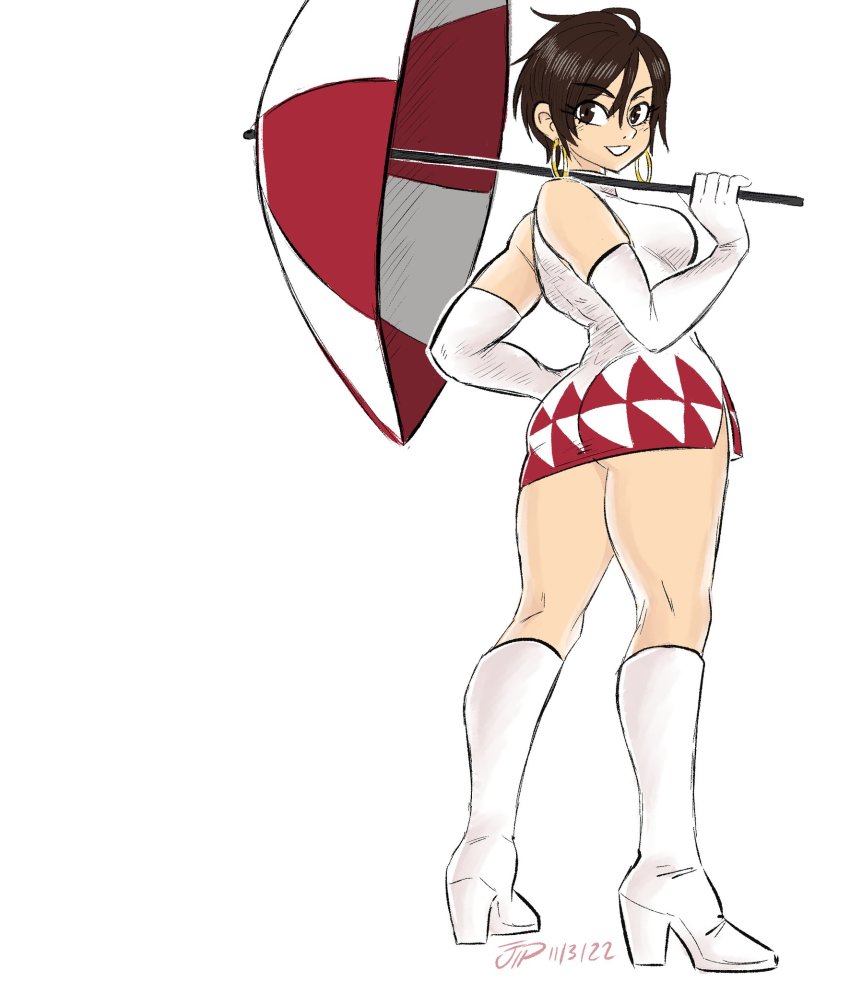 1girl ass bare_shoulders black_hair boots breasts dress earrings from_behind gloves high_heels highres jewelry large_breasts looking_back nagase_reiko namco parasol ridge_racer short_dress short_hair solo umbrella videajames