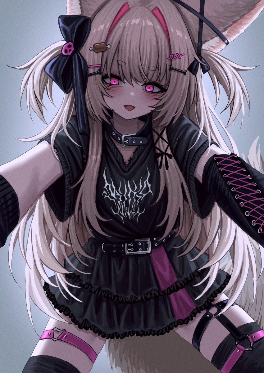 1girl absurdres animal_ears belt belt_collar black_belt black_bow black_thighhighs bone_hair_ornament bow collar commentary frilled_skirt frills goth_fashion hair_intakes hair_ornament heart heart_o-ring highres jirai_kei lobsteranian long_hair looking_at_viewer meat_hair_ornament mole mole_under_eye nanako_niku o-ring open_mouth pink_eyes print_shirt shirt skirt solo stellarversepro tail thigh_strap thighhighs virtual_youtuber wolf_ears wolf_girl wolf_tail