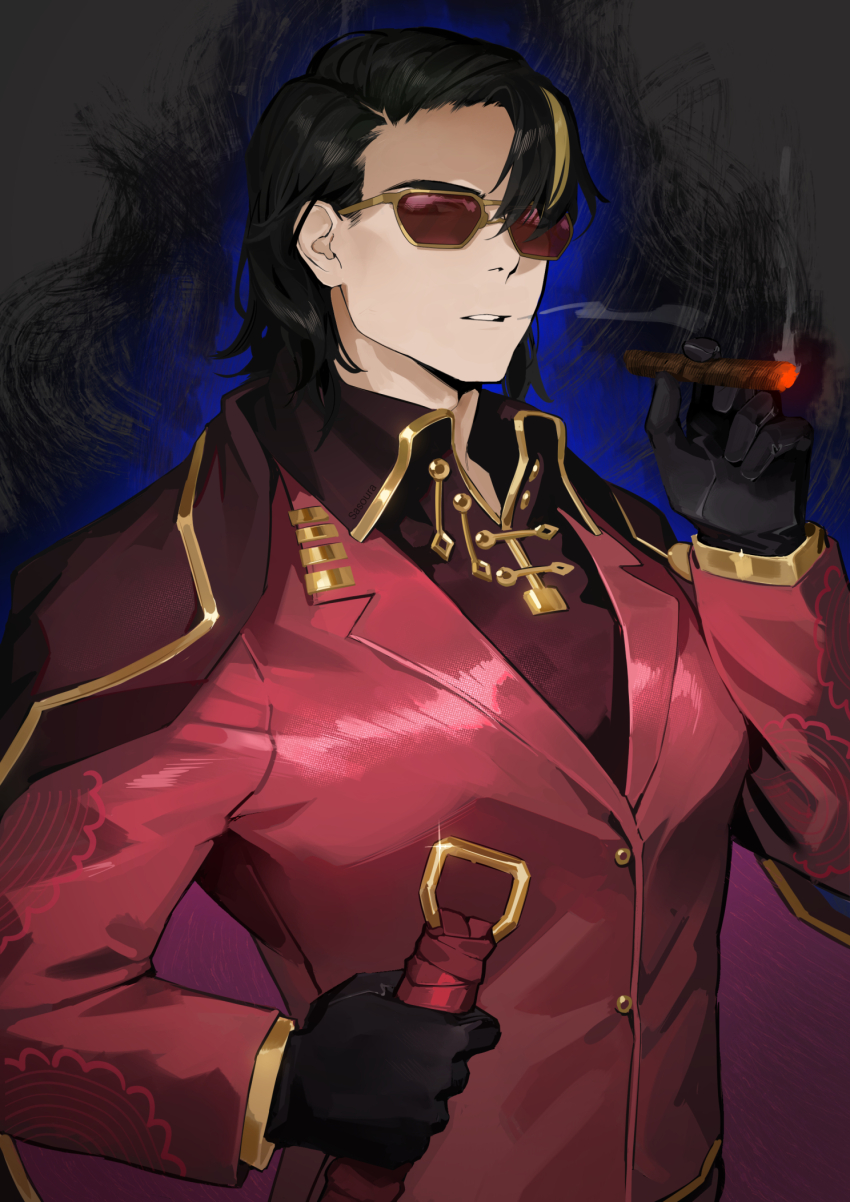 1boy black_border black_gloves black_hair border burning cigar coat formal_clothes gloves gold_trim high_collar highres holding holding_cigar jacket jacket_on_shoulders lei_heng_(project_moon) limbus_company looking_at_viewer male_focus open_mouth project_moon red-tinted_eyewear red_coat red_suit sasoura single_hair_streak smoking solo suit sunglasses tinted_eyewear wolf_cut