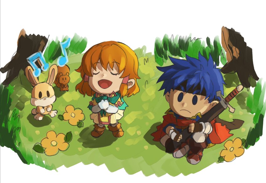 1boy 1girl blue_hair brown_hair chibi chibi_only closed_eyes fire_emblem fire_emblem:_path_of_radiance flower grass hair_tubes headband highres ike_(fire_emblem) mist_(fire_emblem) mist_(path_of_radiance)_(fire_emblem) music musical_note nintendo on_grass open_mouth rabbit sheath sheathed short_hair singing sitting squirrel sutekina_yari sword weapon