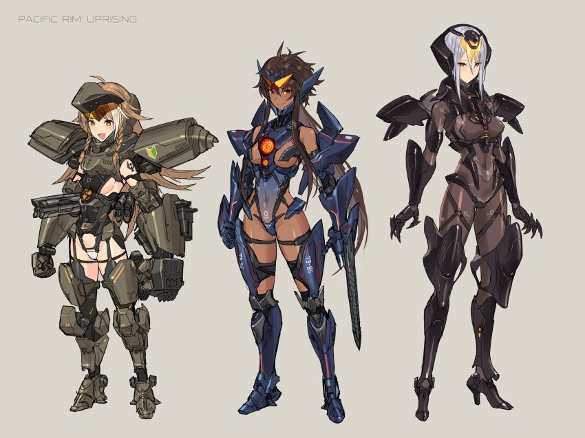 :d armor bodysuit bow bracer_phoenix braid breasts brown_eyes brown_hair cannon chain_sword_2.0 chainsword chest_cannon covered_erect_nipples covered_navel cyborg dark-skinned_female dark_skin directed-energy_weapon dual_vortex_turbine energy_cannon energy_weapon flipped_hair full_body gauntlets gipsy_avenger glowing greaves hair_bow headphones highres jaeger_(pacific_rim) legendary_pictures leotard light_brown_hair long_hair mecha_musume medium_breasts multicolored_hair obsidian_fury open_mouth pacific_rim pacific_rim_uprising pan_pacific_defense_corps personification short_hair shoshinsha_mark sideboob sidelocks sigm@ silver_hair simple_background smile standing streaked_hair twin_braids very_long_hair weapon whip whip_sword yellow_eyes