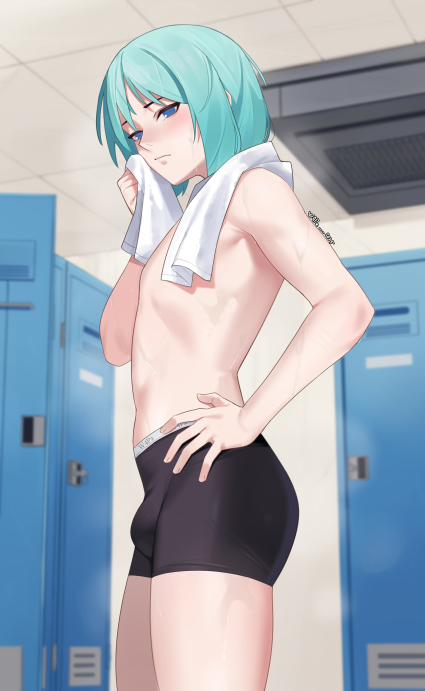 1boy absurdres androgynous aqua_hair artist_name black_male_underwear blue_eyes blush boxer_briefs bulge cleo_the_navigator_(vtuber) closed_mouth commentary cowboy_shot hand_on_own_hip highres indie_virtual_youtuber locker locker_room male_focus male_underwear print_male_underwear short_hair standing steaming_body topless_male towel towel_around_neck trap underwear underwear_only vent_(object) virtual_youtuber w4pz