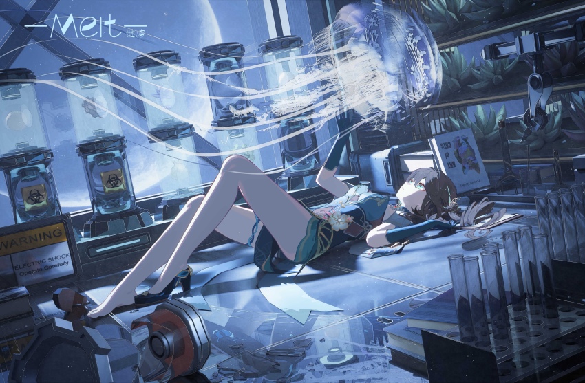 1girl absurdres arm_up artist_name book book_stack broken_glass brown_hair cat chinese_commentary closed_mouth commentary_request dress expressionless full_body glass gloves green_dress green_eyes green_gloves hair_intakes high_heels highres honkai:_star_rail honkai_(series) indoors jellyfish long_hair meirong moon notepad on_floor plant radiation_symbol ruan_mei_(honkai:_star_rail) shoes sign single_bare_foot single_shoe solo thigh_strap vial warning_sign