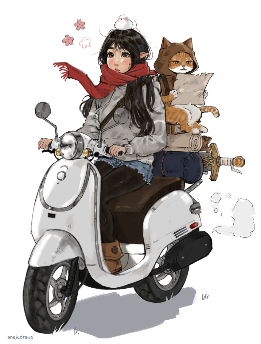 1girl anajudraws animal animal_on_head artist_name bedroll bird bird_on_head black_hair black_pantyhose book brown_eyes brown_footwear brown_hood cat denim denim_shorts elf grey_hoodie highres hood hoodie long_hair long_sleeves motor_vehicle motorcycle on_head on_motorcycle original pantyhose pointy_ears pouch red_scarf scarf sheath sheathed short_shorts shorts sitting smoke sword weapon white_background