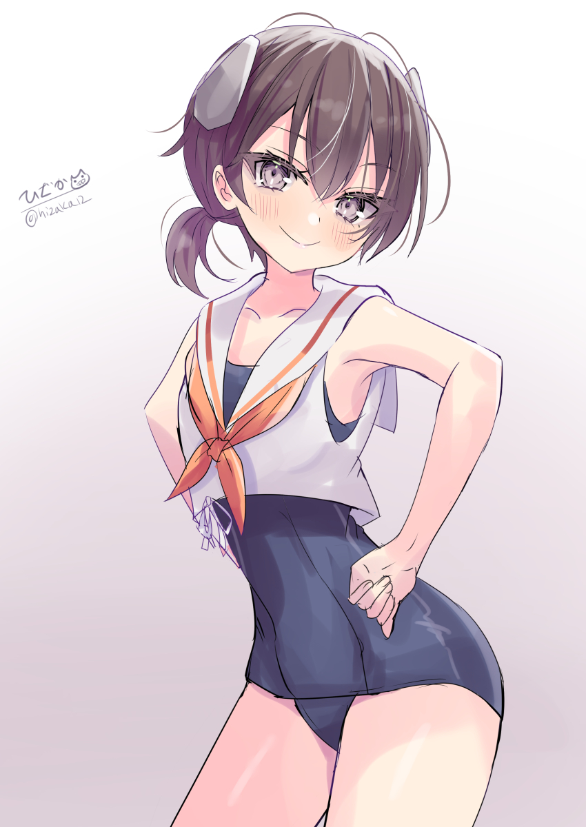 1girl absurdres black_hair black_one-piece_swimsuit cowboy_shot crop_top gradient_background grey_background grey_eyes hands_on_own_hips headgear highres hizaka i-41_(kancolle) kantai_collection leaning_forward low_ponytail neckerchief old_school_swimsuit one-hour_drawing_challenge one-piece_swimsuit orange_neckerchief ponytail sailor_collar school_swimsuit shirt short_hair sleeveless sleeveless_shirt smile solo swimsuit swimsuit_under_clothes white_background white_sailor_collar white_shirt