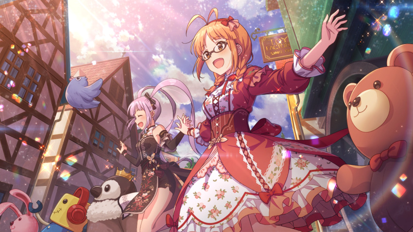 2girls akizuki_ritsuko alternate_hair_color antenna_hair bird bow bowtie braid building buttons closed_eyes cloud corset detached_sleeves dress english_text game_cg glasses headphones holding_hands idolmaster idolmaster_million_live! idolmaster_million_live!_theater_days matsuda_arisa multiple_girls official_art open_mouth orange_eyes orange_hair profile stuffed_animal stuffed_rabbit stuffed_toy sunlight teddy_bear twintails white_hair window