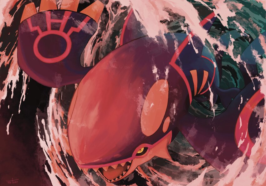 blue_skin colored_skin fish full_body gen_3_pokemon glowing glowing_eyes highres kyogre legendary_pokemon nintendo no_humans pokemon pokemon_(creature) red_theme riotono_0643 sharp_teeth teeth water yellow_eyes