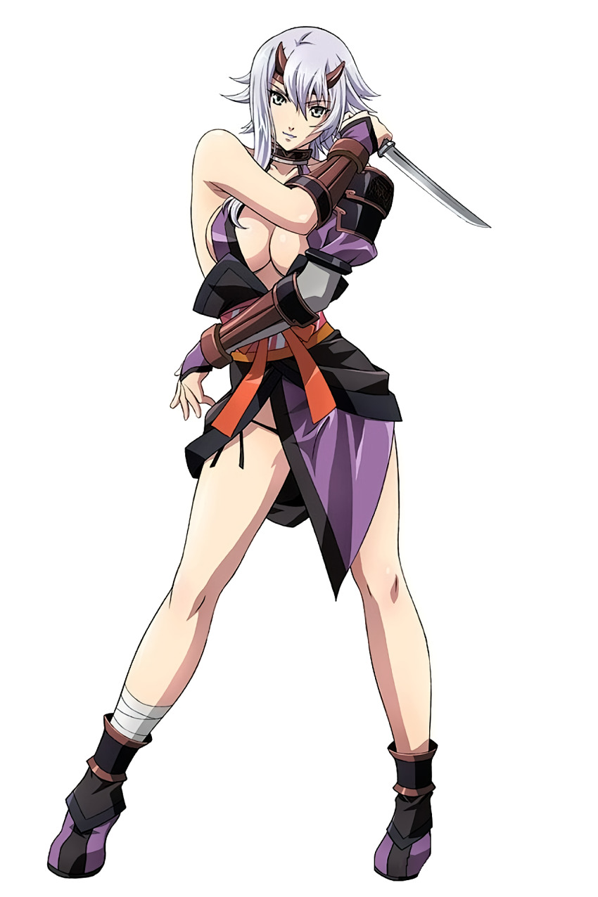 1girl bandages bare_shoulders breasts cleavage dagger eiwa female_focus grey_eyes highres knife light_purple_hair lipstick long_hair makeup official_art panties queen&#039;s_blade rin-sin shizuka_(queen&#039;s_blade) side-tie_panties solo standing underwear weapon