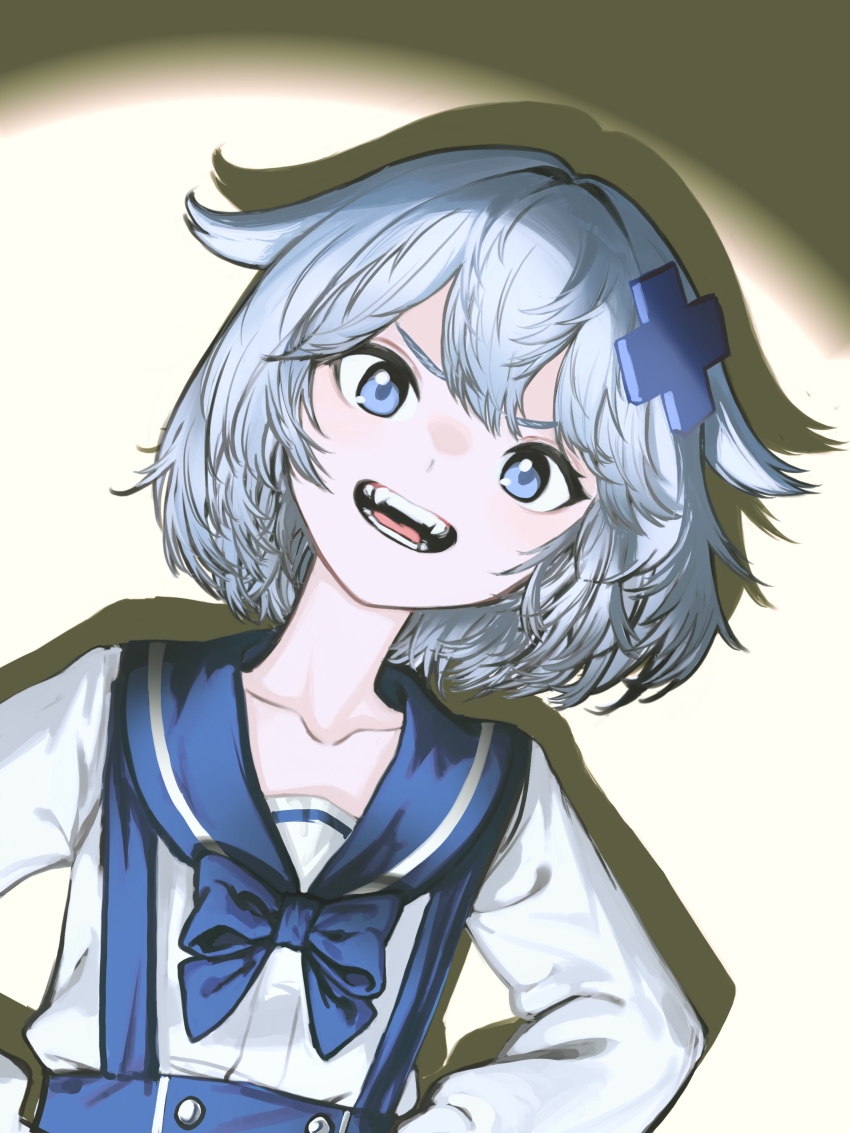 1girl absurdres blue_bow blue_bowtie blue_eyes blue_sailor_collar bow bowtie commentary double-parted_bangs english_commentary gosegu grey_hair hair_between_eyes hair_ornament hairclip highres long_sleeves open_mouth pungson_mori sailor_collar sailor_shirt sharp_teeth shirt short_hair solo suspenders teeth v-shaped_eyebrows virtual_youtuber waktaverse x_hair_ornament