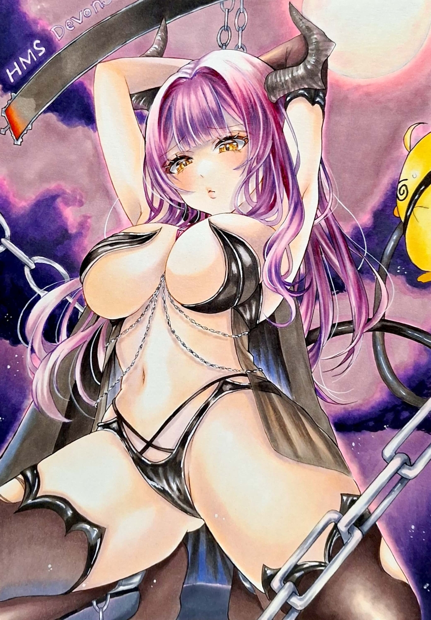 1girl @_@ absurdres arms_behind_head arms_up azur_lane black_cape black_horns black_panties black_thighhighs blush breasts cape chain character_name closed_mouth demon_horns demon_tail devonshire_(azur_lane) devonshire_(sadistic_demon)_(azur_lane) fake_horns gluteal_fold hair_intakes highres horns kishimon-08 large_breasts lips long_hair looking_at_viewer manjuu_(azur_lane) marker_(medium) navel official_alternate_costume panties purple_hair revealing_clothes stomach tail thighhighs traditional_media underwear yellow_eyes