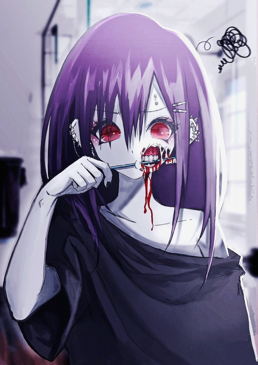1girl black_nails black_shirt blood blood_on_face blurry blurry_background brushing_teeth closed_mouth collarbone colored_skin ear_piercing earrings eyelashes gorezono_neo_(yu-ki_iwata) grey_skin hair_between_eyes hairclip highres holding holding_toothbrush indoors jaw jewelry looking_down medium_hair off_shoulder original parallel_hairclips photo_background piercing purple_hair red_eyes shirt solo squiggle teeth toothbrush upper_body yu-ki_iwata zombie