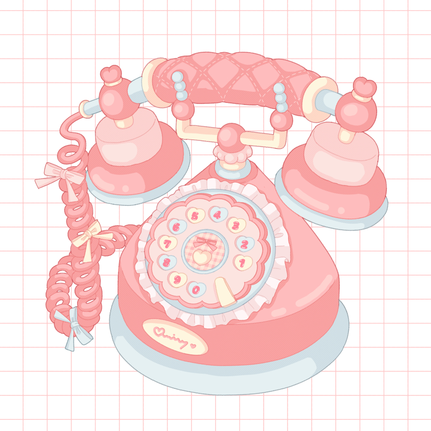 absurdres antique_phone bow corded_phone frills heart highres nekomaru0817 no_humans object_focus original pastel_colors phone pink_bow pink_theme square still_life