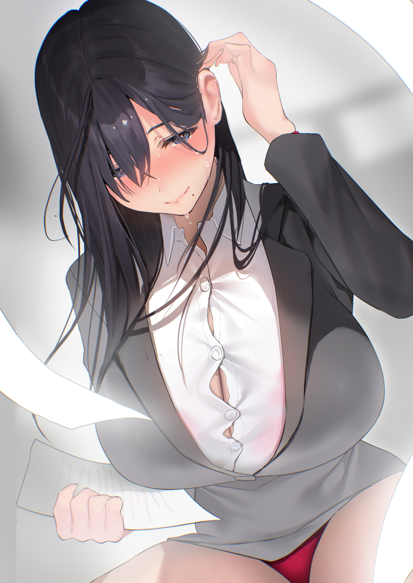 absurdres black_hair blush breasts bursting_breasts collared_shirt commentary_request dress_shirt grey_eyes grey_jacket hair_between_eyes highres holding holding_paper huge_breasts inushima jacket long_hair long_sleeves mole mole_under_eye office_lady original panties paper red_panties shirt sitting smile underwear white_shirt