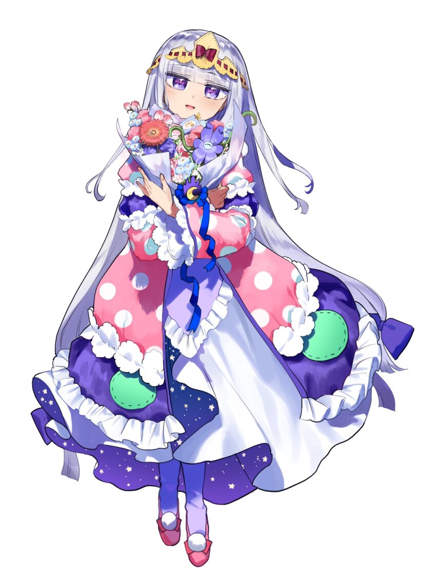 absurdly_long_hair aurora_sya_lis_kaymin blunt_bangs bouquet crown dotaku dress flower frilled_dress frilled_sleeves frills full_body grey_hair hair_ribbon highres holding holding_bouquet long_hair long_sleeves looking_at_viewer maou-jou_de_oyasumi official_art polka_dot polka_dot_dress pom_pom_footwear purple_eyes ribbon sidelocks star_(symbol) star_in_eye star_print straight_hair symbol_in_eye tachi-e very_long_hair