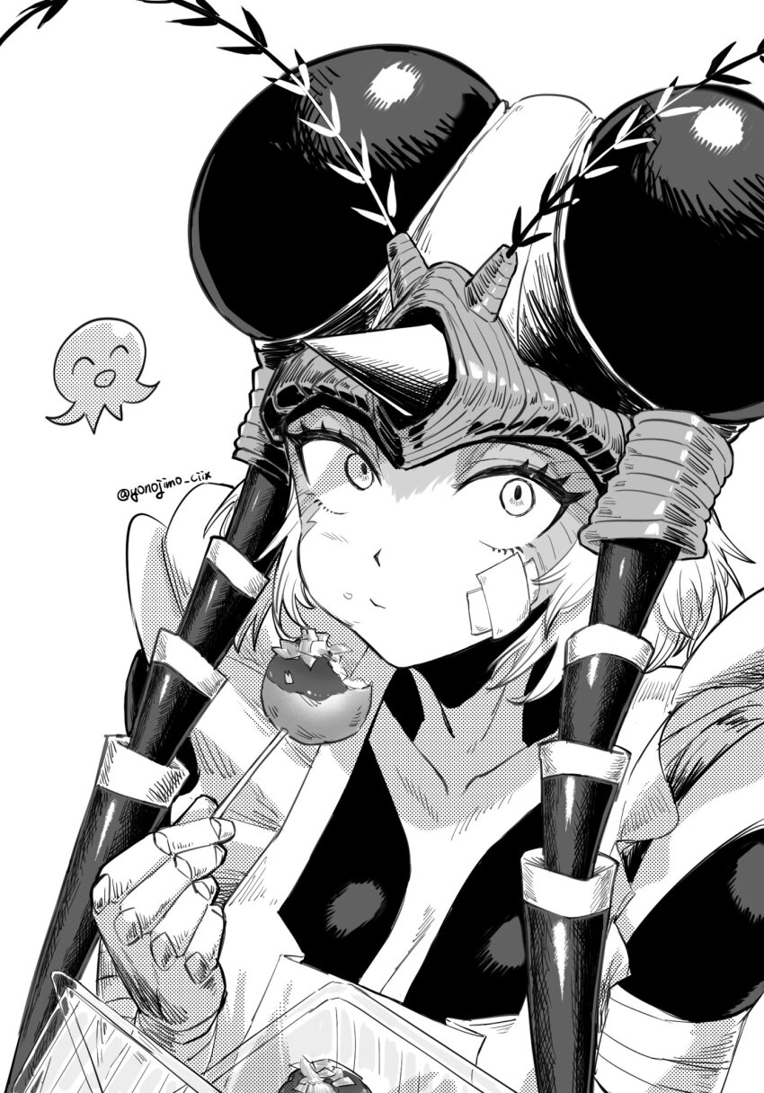 1girl apron arthropod_girl eating greyscale highres monochrome mosquito_girl mosquito_musume one-punch_man solo
