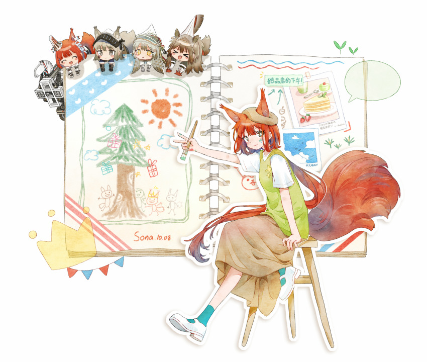 &gt;_&lt; 1other 4girls :o ^_^ alternate_costume animal_ears arknights armor ashlock_(arknights) beret blue_socks blush_stickers book brown_eyes brown_hair brown_hat brown_skirt character_name chibi chinese_commentary closed_eyes commentary_request crown fartooth_(arknights) feather_hair flametail_(arknights) gambeson green_vest hat highres holding holding_paintbrush justice_knight_(arknights) long_hair multiple_girls open_book open_mouth outline paint_on_hands paint_splatter paint_splatter_on_face paintbrush red_hair robot scrapbook sdrzkaige shirt short_hair short_sleeves simple_background sitting skirt socks squirrel_ears squirrel_girl squirrel_tail stool string string_of_fate tail v vest visor_(armor) white_background white_footwear white_shirt wild_mane_(arknights) yellow_eyes