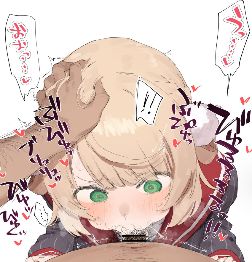 ! !! 1boy 1girl absurdres bar_censor blonde_hair blush censored commentary fellatio grabbing_another&#039;s_hair green_eyes hand_on_another&#039;s_head highres indie_virtual_youtuber male_pubic_hair motion_lines nagashi_mangan oral penis pom_pom_(clothes) pov pubic_hair red_sailor_collar sailor_collar shigure_ui_(vtuber) shigure_ui_(vtuber)_(1st_costume) solo_focus sound_effects speech_bubble steam virtual_youtuber white_background