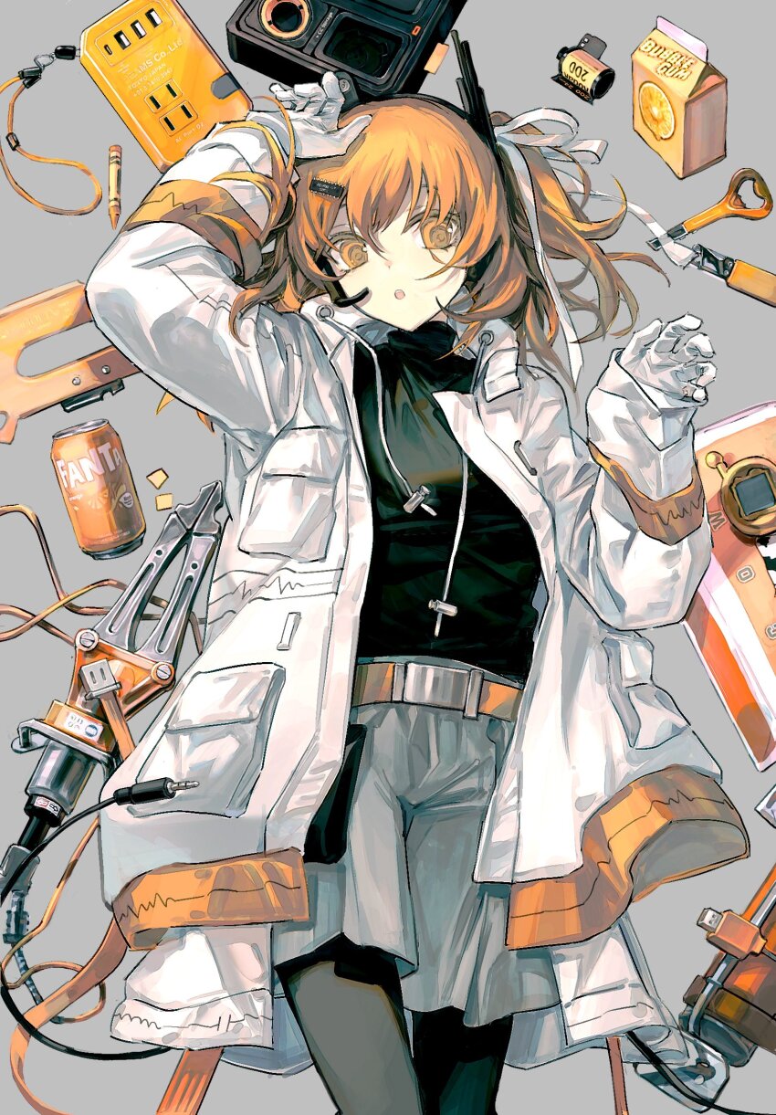 1girl a.i._voice adachi_rei belt belt_pouch black_pantyhose black_shirt cable can color_connection crayon drink_can fanta feet_out_of_frame film_strip gloves grey_background grey_shorts hair_ornament hair_ribbon hairclip hand_on_own_head hands_up headset highres jacket juice_carton keycard long_sleeves looking_at_viewer mechari object_request one_side_up open_clothes open_jacket open_mouth orange_belt orange_eyes orange_hair pantyhose pantyhose_under_shorts pouch radio_antenna ribbon shirt shirt_tucked_in shorts simple_background soda_can solo tamagotchi tamagotchi_connection turtleneck turtleneck_shirt usb utau white_gloves white_jacket white_ribbon