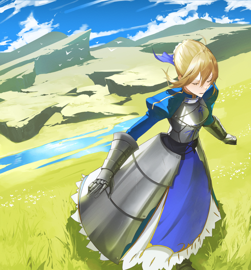 1girl absurdres ahoge armor armored_dress artoria_pendragon_(fate) bird black_corset blonde_hair blue_dress blue_ribbon blue_sky braid braided_bun breastplate clenched_hand closed_eyes cloud corset dress fate/grand_order fate/stay_night fate_(series) faulds field flower gauntlets gold_trim grass hair_bun hair_ribbon highres juliet_sleeves long_sleeves outdoors outstretched_arms parted_lips petticoat pond puffy_sleeves ribbon rock saber_(fate) scratches sky solo standing sunlight water white_bird white_flower zuraa_(naunau_seijin)