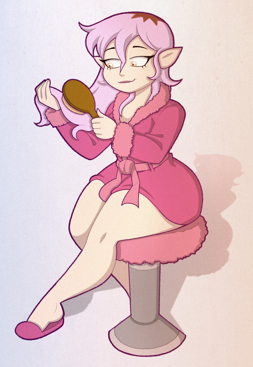1girl absurdres amity_blight bathrobe brushing_hair closed_mouth commentary english_commentary hair_brush highres holding holding_brush long_hair pink_hair pointy_ears shadow sitting solo stool the_owl_house thick_thighs thighs tonyneely yellow_eyes