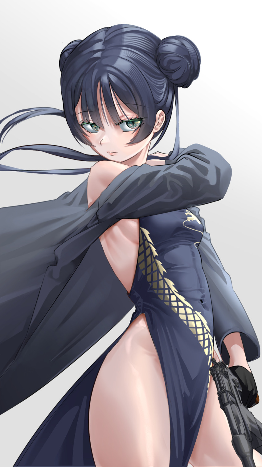 1girl black_gloves black_hair blue_archive breasts china_dress chinese_clothes double_bun dragon_print dress gloves grey_eyes grey_jacket gun hair_bun highres holding holding_gun holding_weapon jacket kisaki_(blue_archive) looking_at_viewer mrsc no_panties simple_background small_breasts solo standing weapon white_background