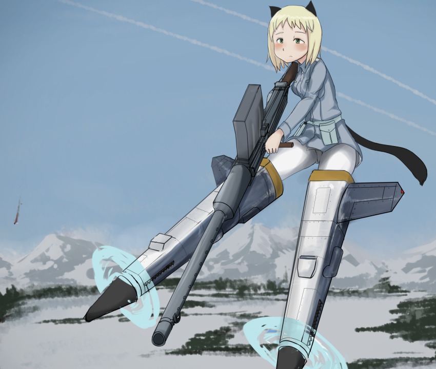 1girl animal_ears anti-materiel_rifle bad_id bad_pixiv_id blonde_hair blush cat_ears cat_tail contrail elma_leivonen female_focus gun highres lahti_l-39 mountain pantyhose rifle short_hair sniper_rifle snow solo strike_witches strike_witches:_suomus_misfits_squadron striker_unit tail tree ukedachi weapon world_witches_series