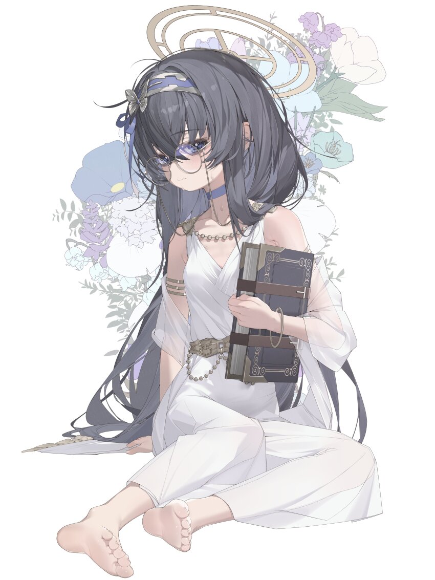 1girl :| absurdres alternate_costume ancient_greek_clothes arm_at_side bags_under_eyes bangle bare_shoulders barefoot bead_necklace beads black_hair blue_archive blue_choker blue_eyes blue_hairband blue_ribbon book bracelet breasts bright_pupils brown_halo butterfly_hair_ornament choker closed_mouth collarbone commentary_request crossed_bangs dress feet_out_of_frame flower glasses gold_armlet gold_bracelet greco-roman_clothes hair_between_eyes hair_intakes hair_ornament hair_over_shoulder hair_ribbon hairband halo hand_up highres holding holding_book jewelry long_hair looking_at_viewer necklace peplos ribbon round_eyewear see-through_clothes see-through_shawl shawl sidelocks simple_background sitting sleeveless sleeveless_dress small_breasts solo sweat ui_(blue_archive) very_long_hair white_background white_dress white_pupils white_shawl yellow_halo yokozuwari yoru_uyo