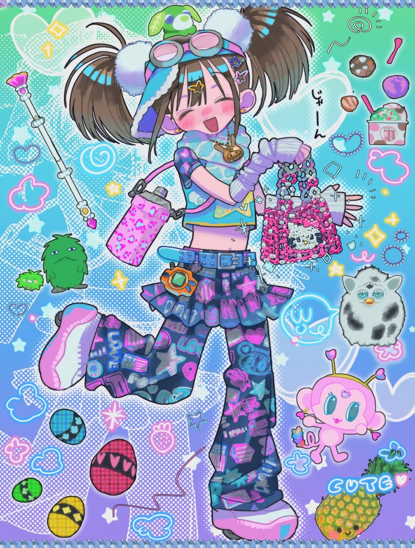 1girl angel_blue arm_warmers bag beads belt brown_hair character_request closed_eyes colorful copyright_request crop_top denim denim_skirt digimon digimon_(virtual_pet) dog egg food fruit furby goggles goggles_on_head handbag happy hasbro heelys heisei heisei_retro hello_kitty hello_kitty_(character) highres ice_cream jeans midriff monkey nakamura-kun_(angel_blue) ochaken original pants pineapple pleated_skirt poin_(goruchopame) print_pants print_shirt print_skirt ryoku_(ochaken) sanrio scarf shirt shugo_chara! skirt solo standing standing_on_one_leg twintails virtual_pet_(toy) wand y2k_fashion
